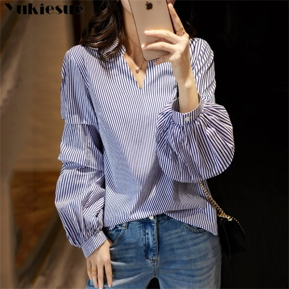 Elegant Women's summer blouses striped woman tops women shirt blouse chemise femme blusas blusa feminina long sleeve top female