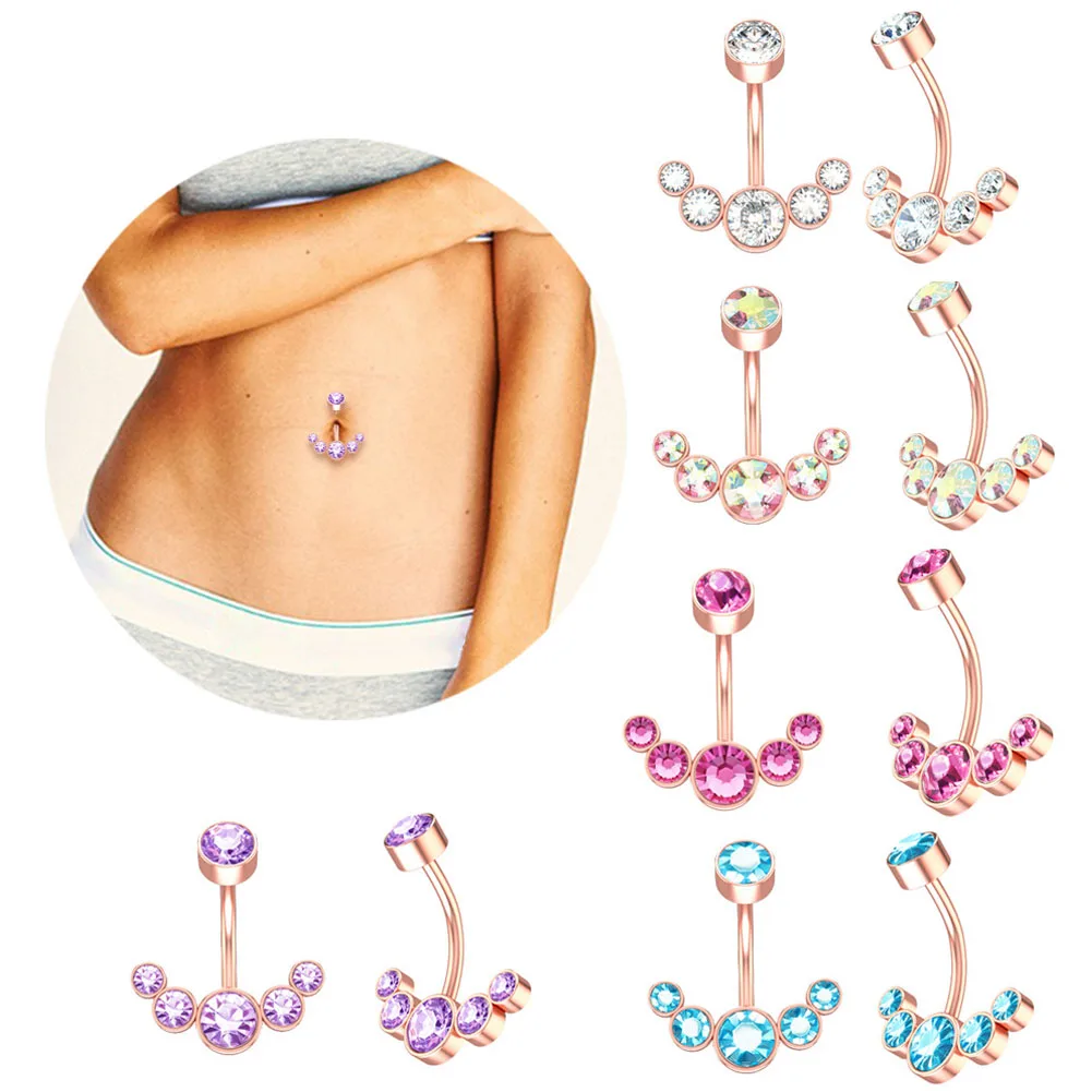 

14G Dangle Belly Button Rings for Women Girls Surgical Steel Curved Navel Barbell 5 Crystals Body Jewelry Piercing Belly Button