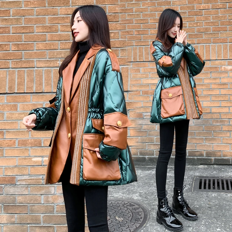 

2022 Winter New Thicken Glossy Down Jacket Slim Mid-length Stitching White Duck Down Coat Suit Collar Warm Ladies Parkas Outwear
