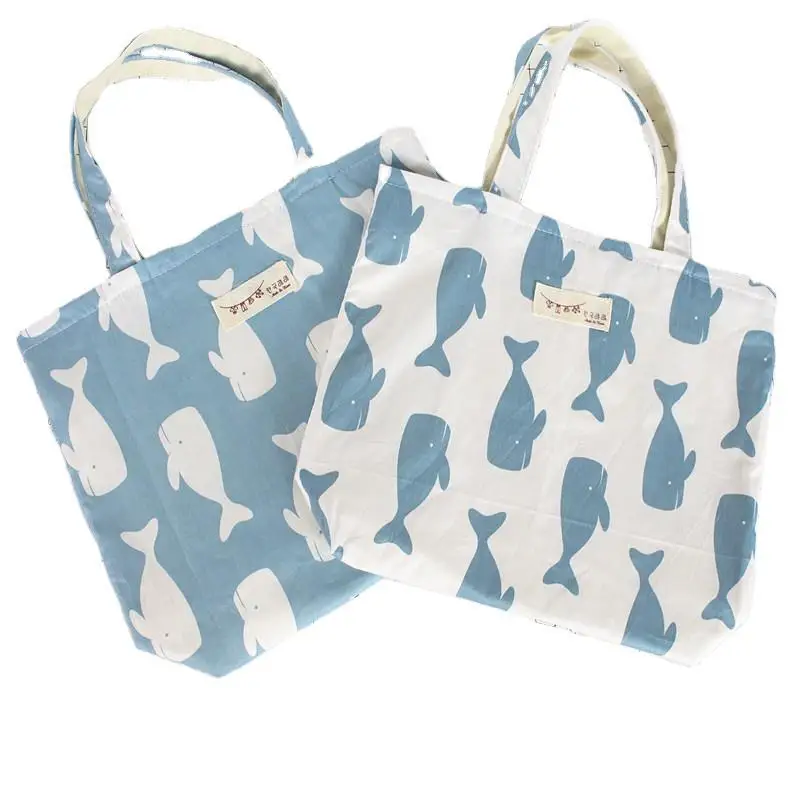 

Kawaii Teenager Recycled Cotton Fabric Top-handle Tote Bag Student Cartoon Whale Cloth Small Size Cute Lunch Grocery Handbag