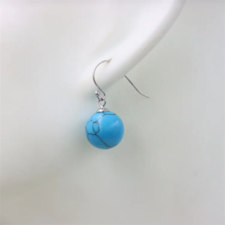 

ZFSILVER Trendy 12MM Blue Synthetic Turquoise Stud Earrings Eardrop Ear Ball Hook For Women Temperament Jewelry Accessories Gift