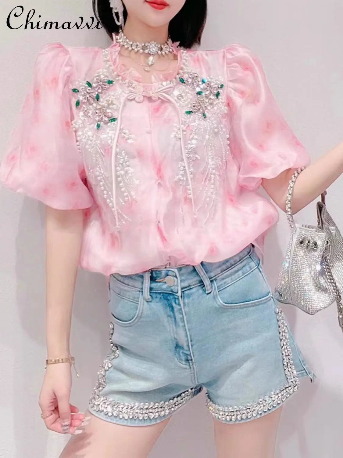 

Shirt for Women Summer New Korean Fashion Sweet Luxury Colorful Crystals Retro Buckle Chinese Style Graceful Puff Sleeve Blouse