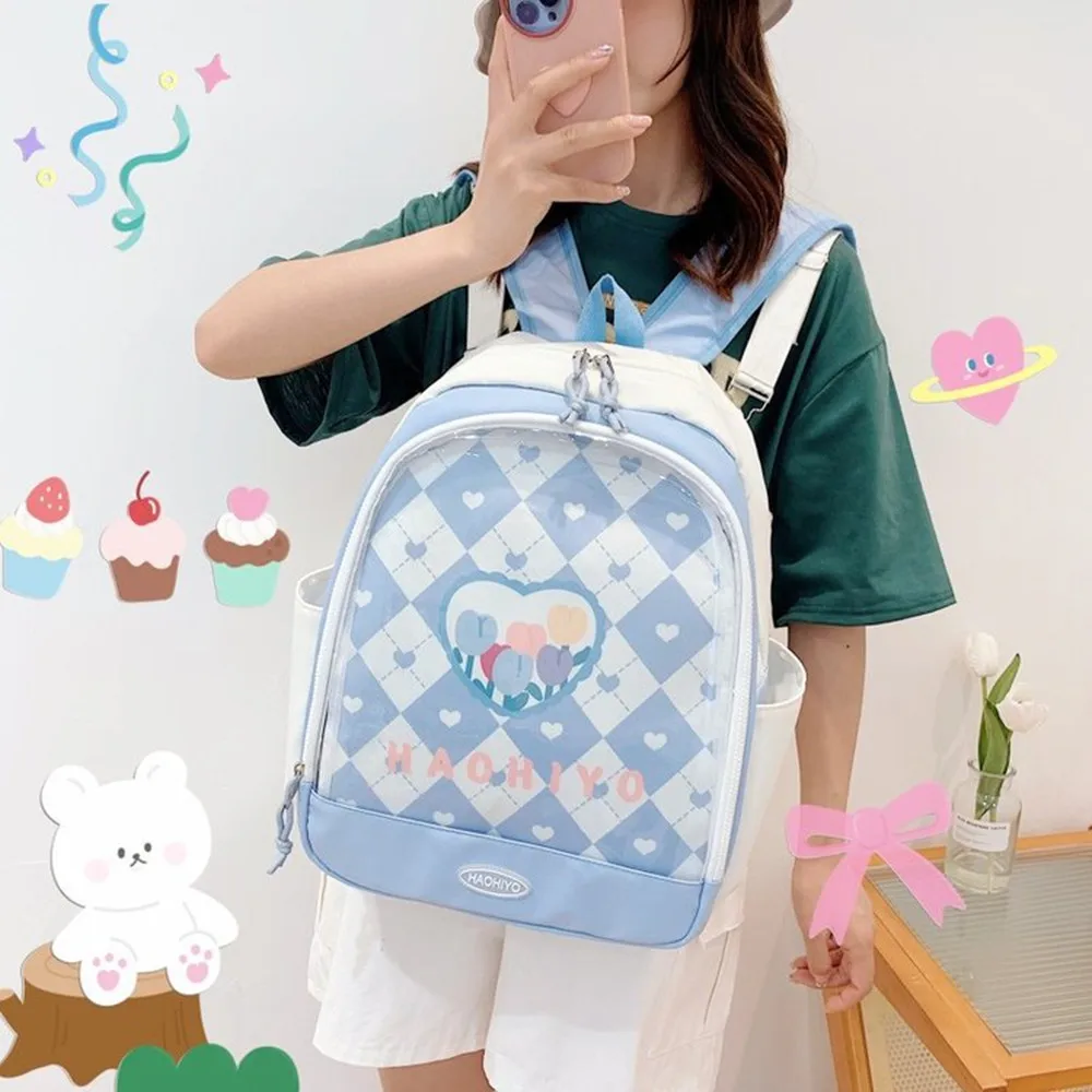 Ins New Fashion Girl Big Capacity Backpack Transparent Front Pain Bag Cute Doll Backpack Japanese School Bag BG128