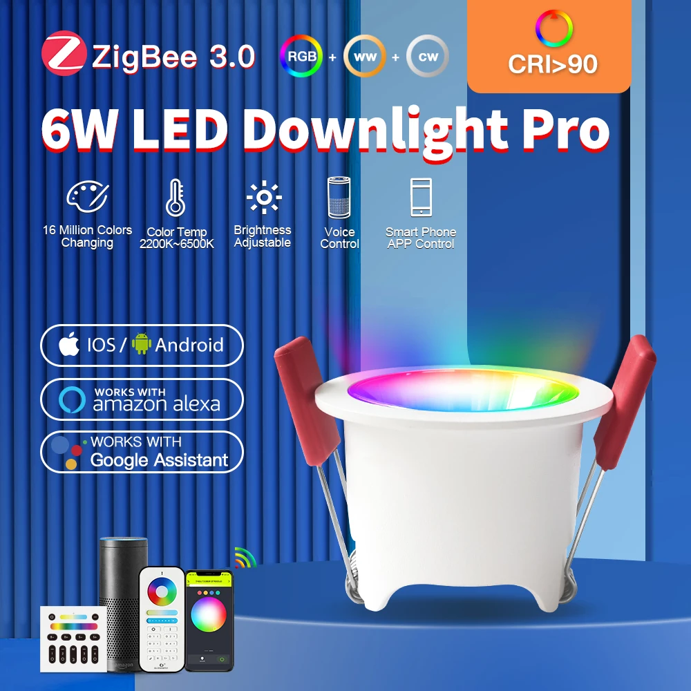 

Gledopto ZigBee 3.0 RGBCCT LED Downlight CRI 90 Smart Light Work with Alexa Tuya SmartThings 2.4G RF Remote Voice Control