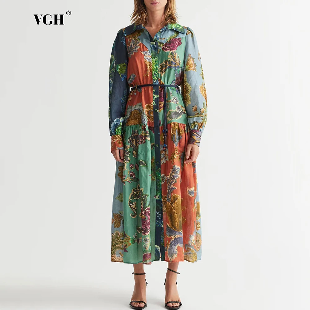 Женское длинное платье с цветочным принтом VGH Повседневное отложным воротником