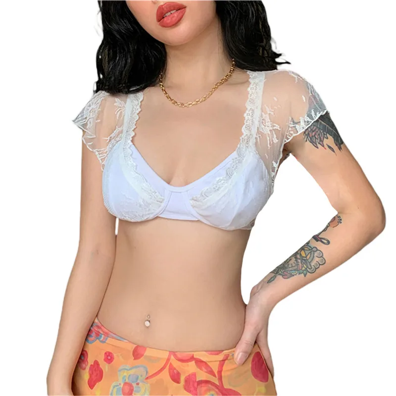 

Женские укороченные топы с открытым животом, летние сексуальные кружевные комбинированные сетчатые топы с V-образным вырезом и низким выре...