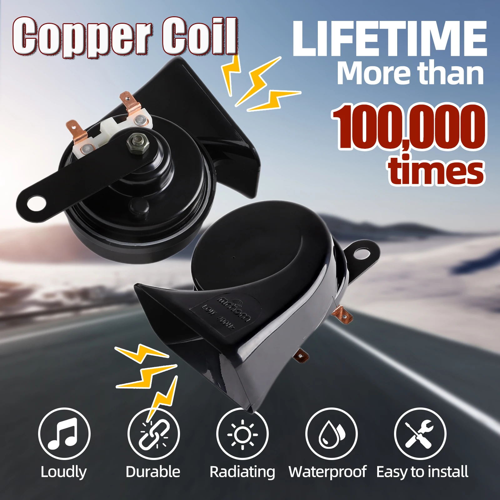 

Автомобильный гудок-улитка 12В, 120 дБ, водонепроницаемый, с высоким и низким тоном, медная катушка, для легковых и грузовых автомобилей, мотоциклов, 100 000 циклов работы