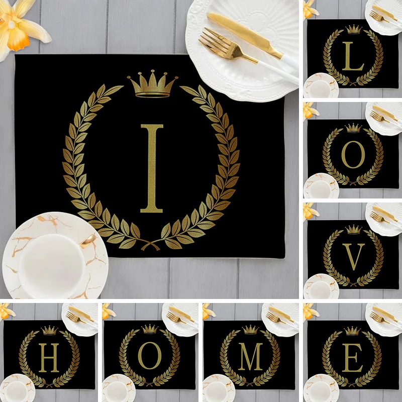 

Gold Color Letter Pattern Kitchen Placemat Crown Cotton Linen Dining Table Mat Alphabet Leaves Coaster Pad 32x42cm Coffee Mats