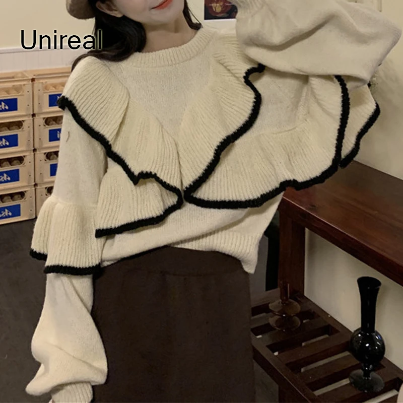 

Женский свитер с оборками Unireal, черный свитер с длинным рукавом, рождественский джемпер, Осень-зима 2022