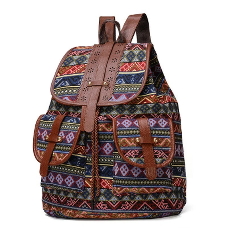 

Women Canvas Vintage Backpack Ethnic Knitted Backpacks Printed Travel Backpack Schoolbag