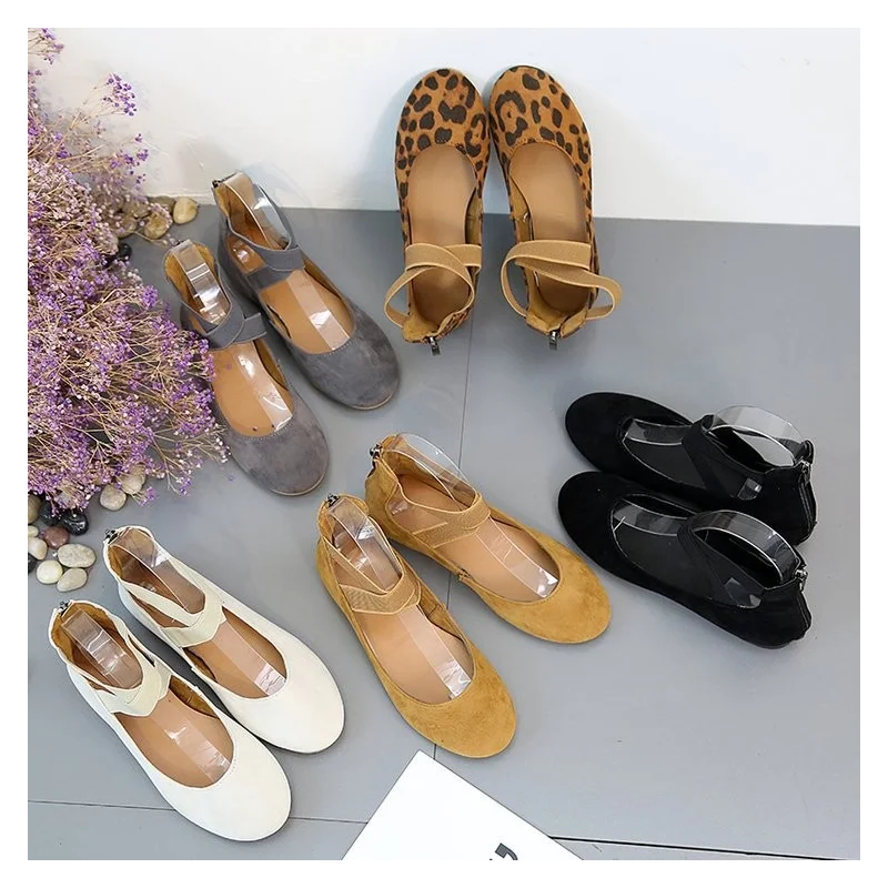 

2022 New Women Ballet Flats Summer Casual Flat Shoes Solid Flock Zip Shallow Elastic Band Ladies Ankle Wrap Footwear -40