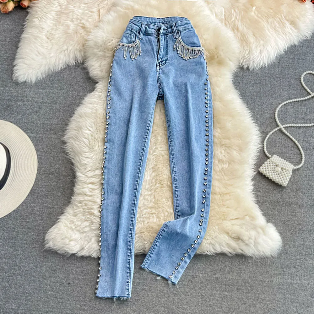 

Джинсовые брюки, женские джинсы, новинка сезона осень 2022 года, весенние облегающие брюки-карандаш с высокой эластичной талией, узкие брюки с бахромой, женские джинсовые брюки