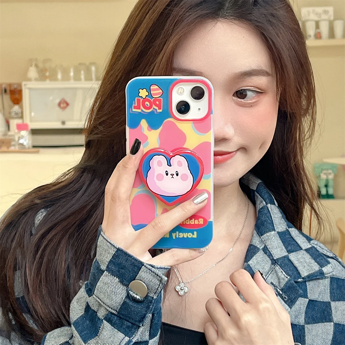 

Pink Cow Pattern Case for IPhone 14 13 12 11 Pro Max with Heart Rabbit Bracket Protection Shockproof Fashion Cute Cover Korean