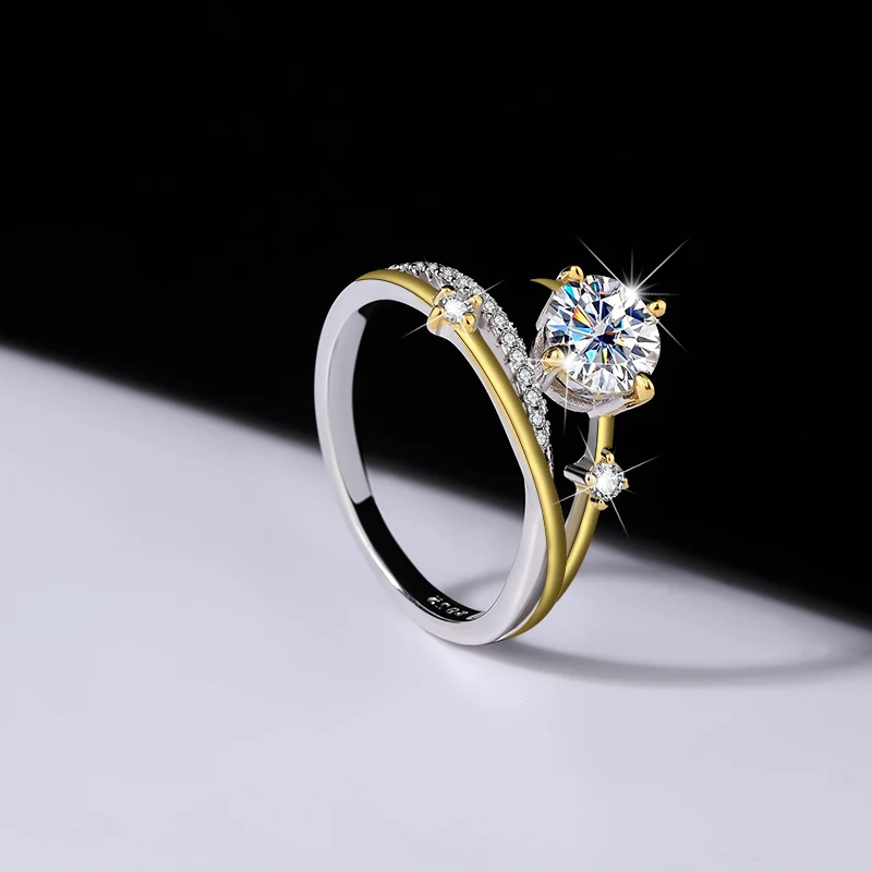 New 1 carat four claw inlaid ring bracket star track sterling silver gold color Moissanite imitation diamond female ring
