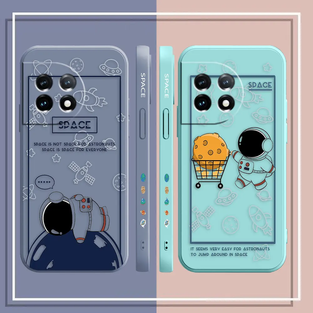 Phone Case For Oneplus 11 10 9 9R 9RT 8 8T 7 7T 5 5T 6 ACE 2 2V NORD Pro Liquid Case Funda Cqoue Happy Cartoon Astronaut Space