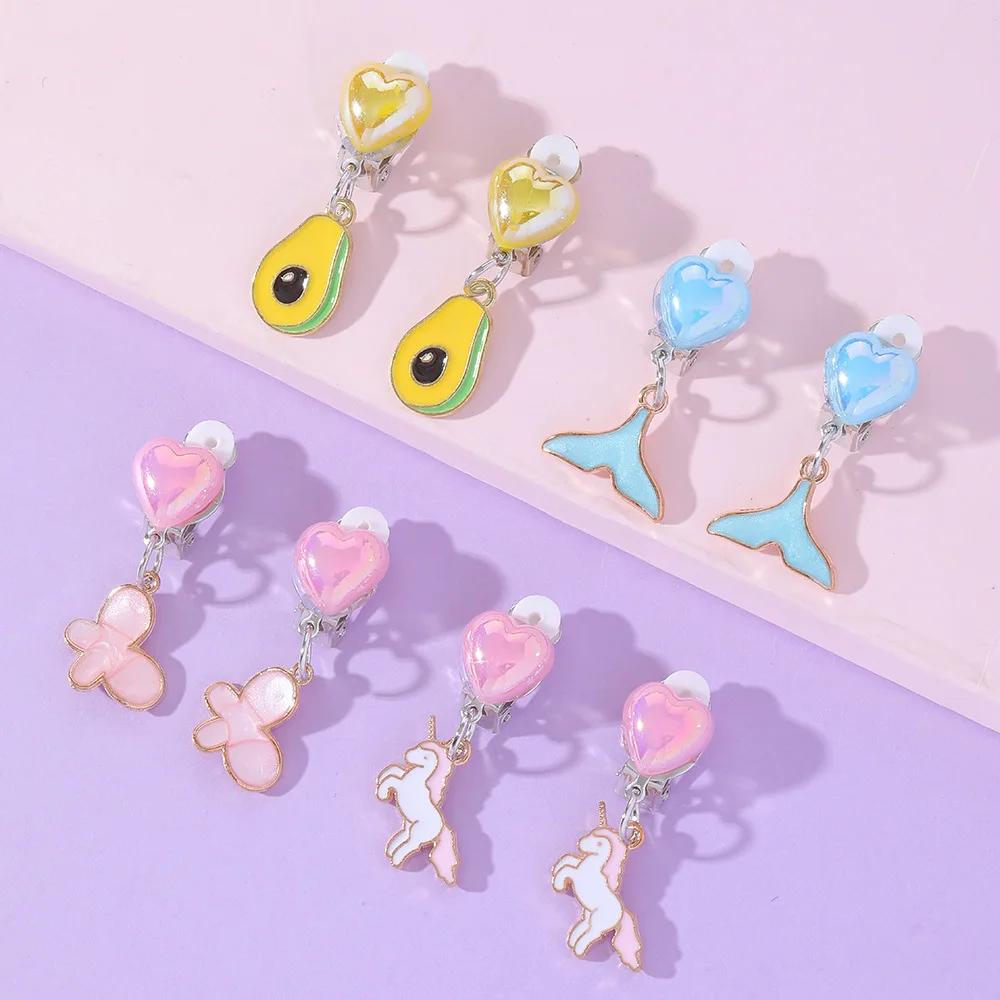 

Pink Blue Kids Earring Colorful Cute Butterfly Unicorn Charm Clip on Earrings for Children Girls No Pierced Earring