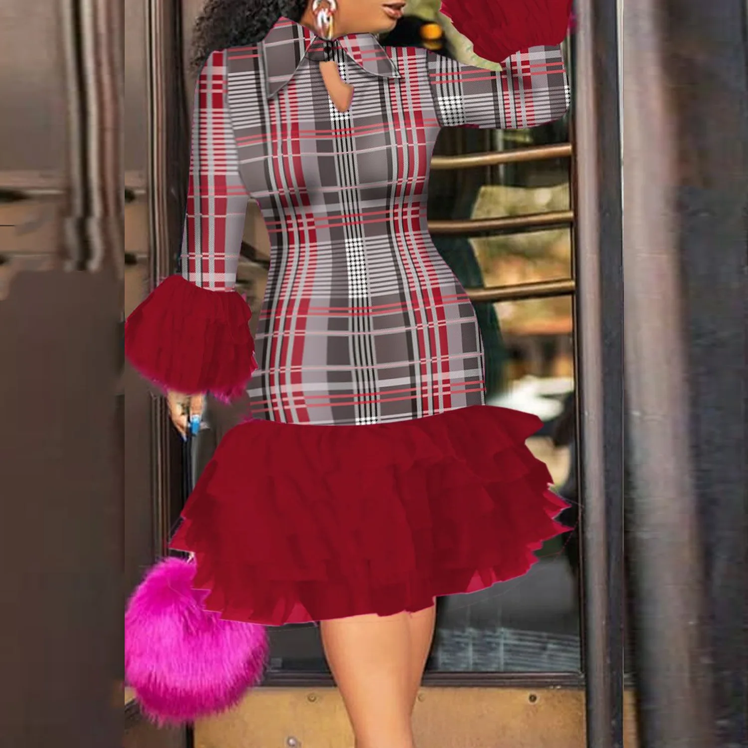 

Spring Fashion Party Dress Women's Print Long Sleeve Ear Edge Hip Wrap Dress Sexy Slim Nightclub Dress Women