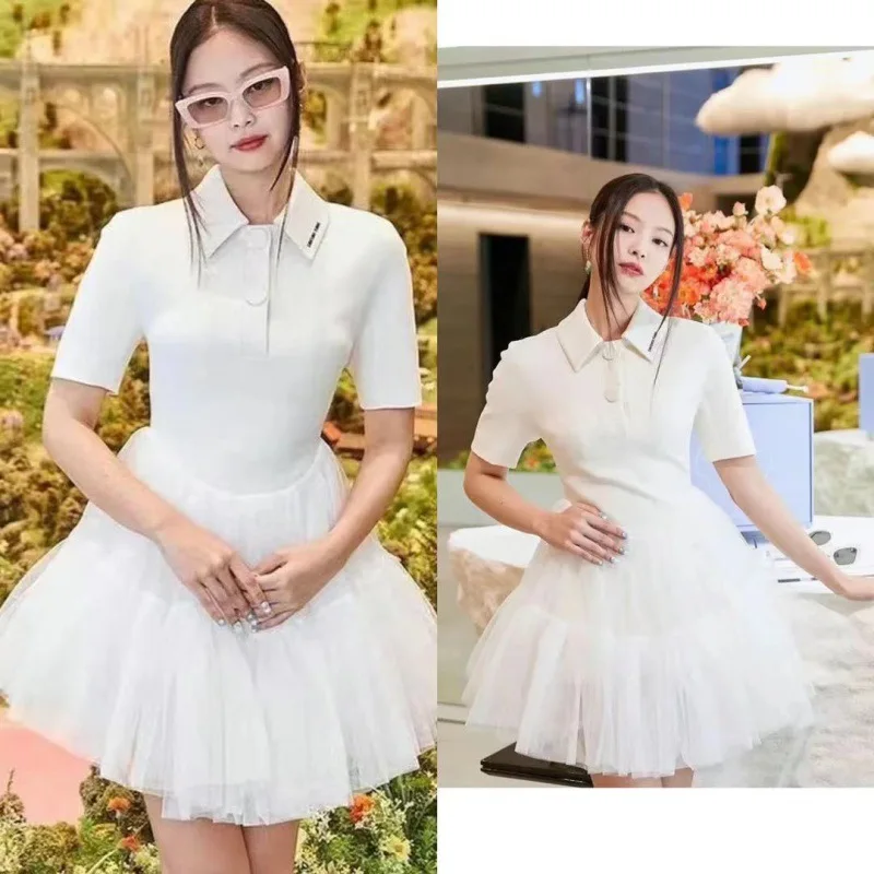 

Kpop Jennie Korea Spring Summer New Fashion Mesh Splice Polo Collar Dress Women Party Sexy High Waist Short Sleeve Shirt Dresses