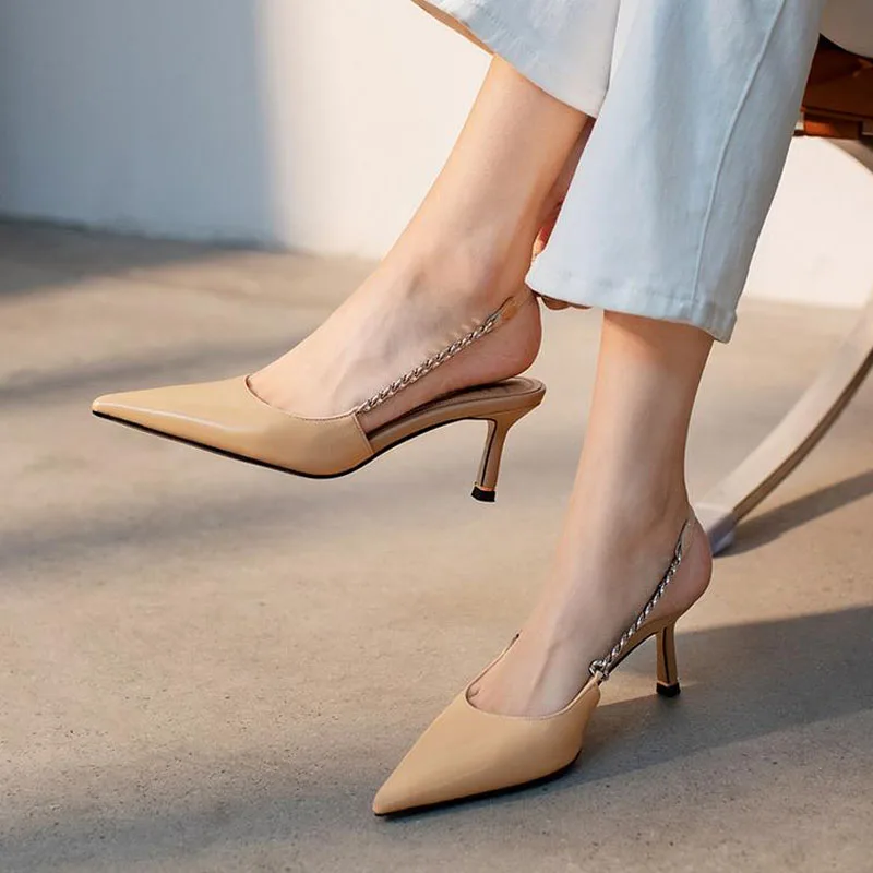 

5cm New Fashion Sandals Thin Low Heels Female Chains Wrap Pointed Toe Casual Women Khaki Shoes 38 39