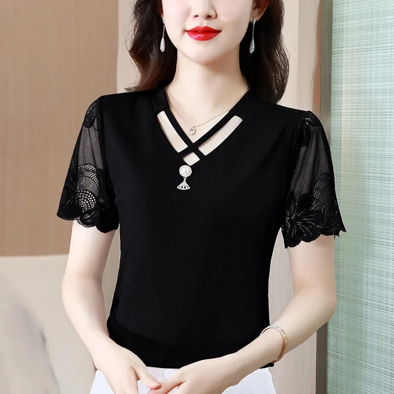 

#9324 Summer Short Sleeve T Shirt Women Solid Color V-neck Hollow Out Office Short T-shirt Female Elegant Sexy Vintage Tight
