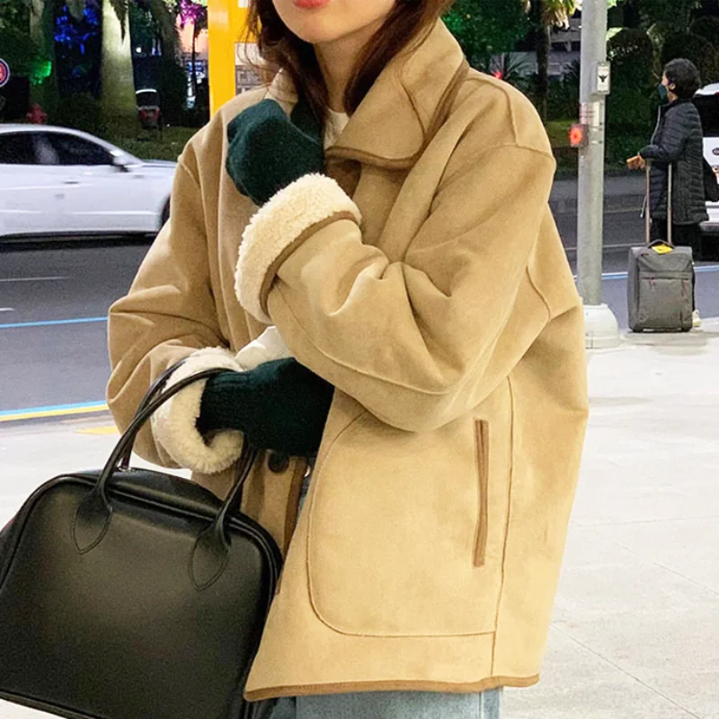 

Пальто из овечьей шерсти с обеих сторон, новое свободное хлопковое пальто для женщин, зимняя теплая плюшевая куртка с длинным рукавом для же...