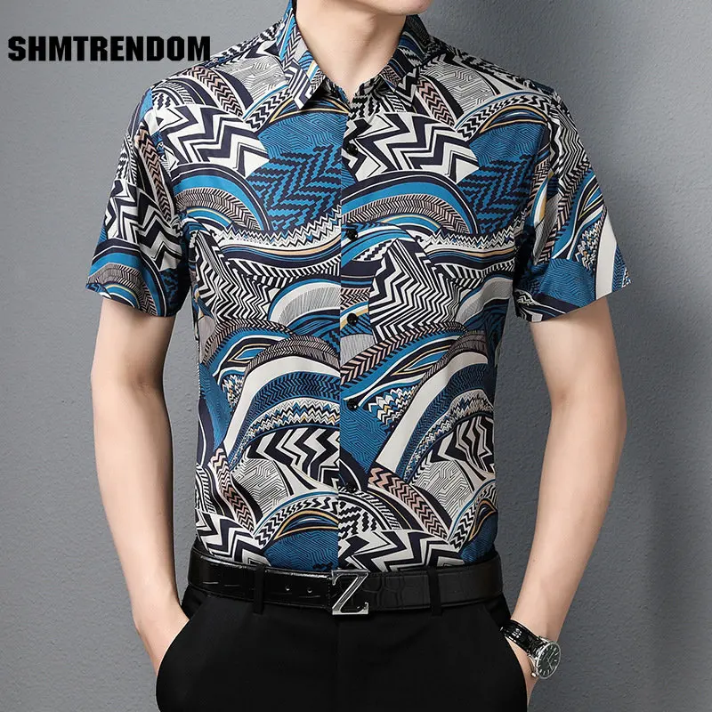 

3D Digital Printing Fashion Casual Short Sleeved Dress Shirt Men Summer New Quality Mercerized Cotton Smooth Silky Chemise Homme