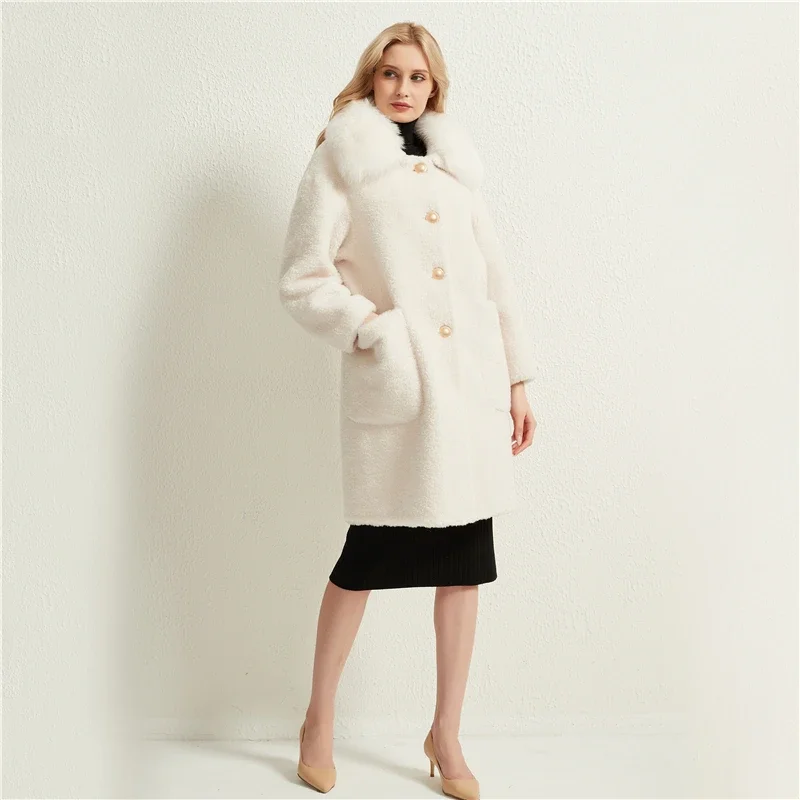 Женская длинная куртка из натуральной овечьей шерсти с воротником лисьего меха