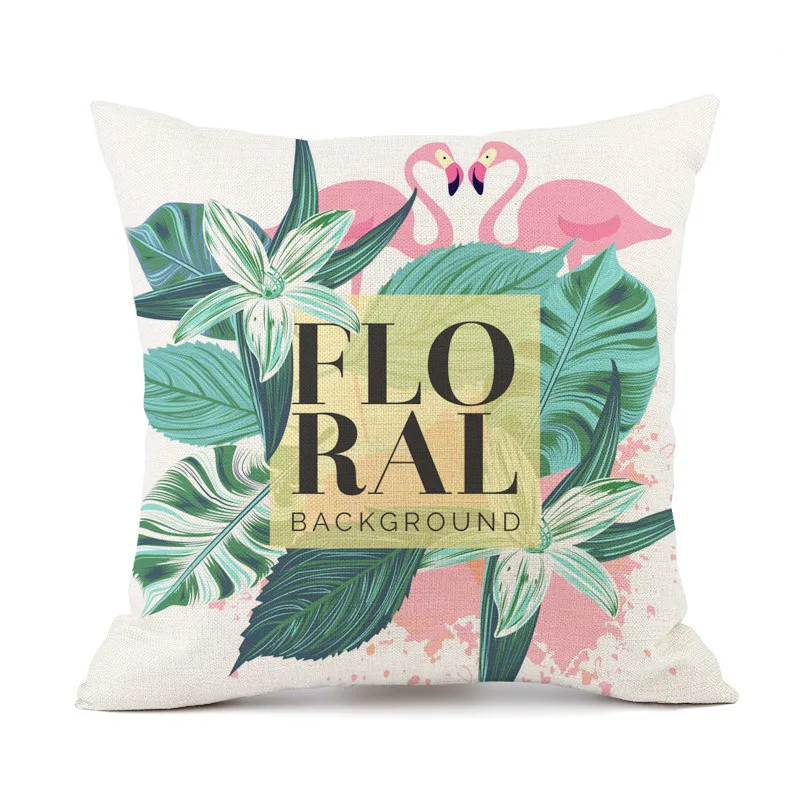 

18x18 Inches Ins Flamingo Cartoon Cute Pink Linen Print Pillow Cushion Sofa Office Decor Tropical Plant Durable Polyester Linen