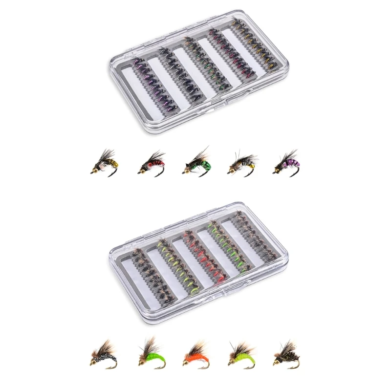 

50Pcs/box Fly Fishing Flies Kits Fly Fishing Lures Bass Salmon Trout Flies Dry/Wet Fishing Feather Baits Fishing Tackle