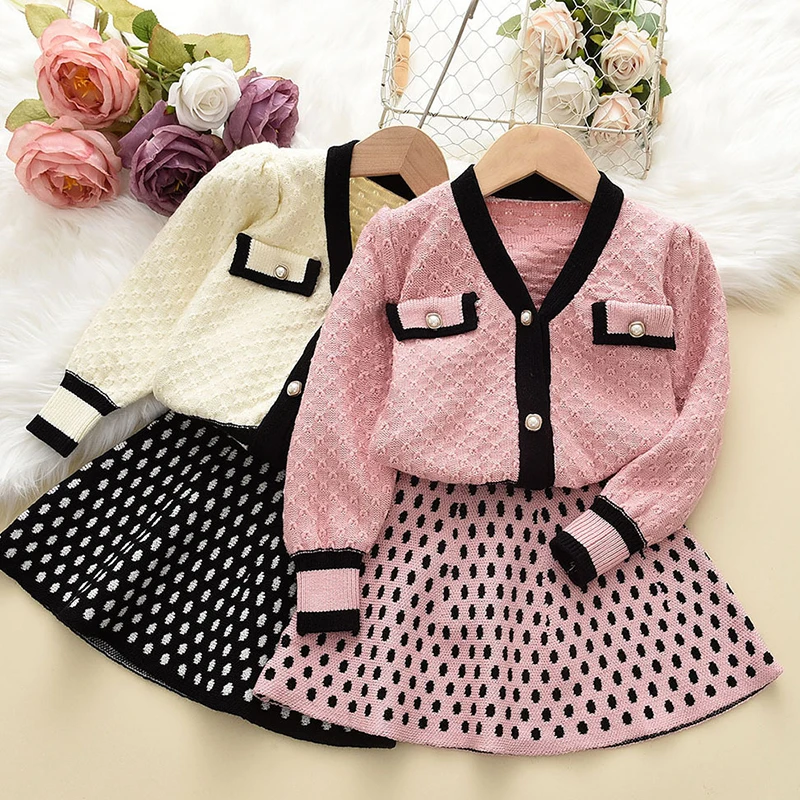 

Baby Girl Clothes Warm Knitted Sweater Set Autumn Winter Girl Bowknot Cute Sweater Girl Solid Color Knitwear + Skirt 2-piece Set