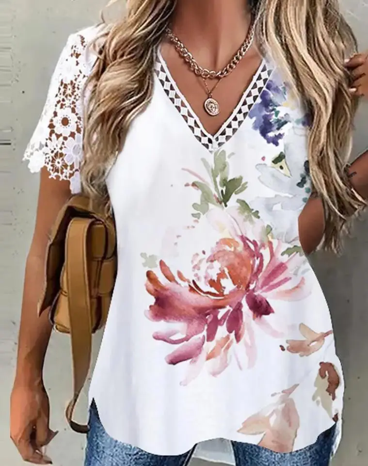 

2022 New Summer Women's Tops Casual Blouses Casual Contrast Lace Floral Print Short Sleeve T-Shirt Female Clothing