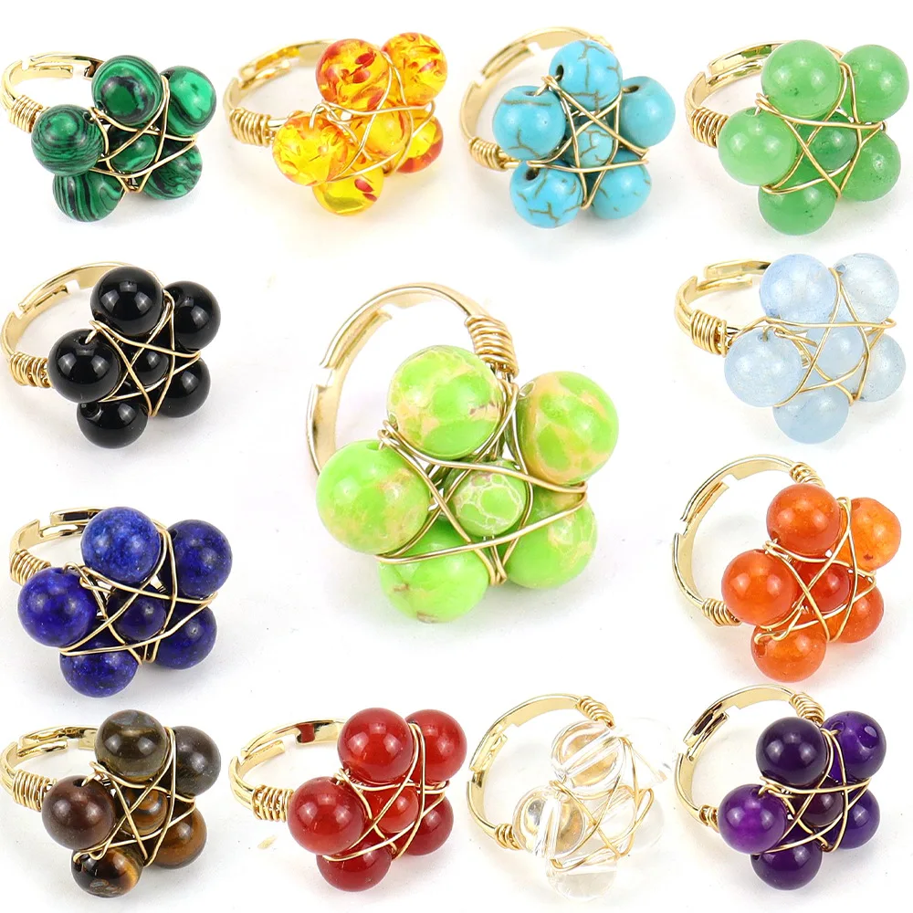 

10pcs Wire Wrap Natural Stone Cluster Beaded Flower Gold Rings for Women Chakra Handmade Wedding Party Finger Ring