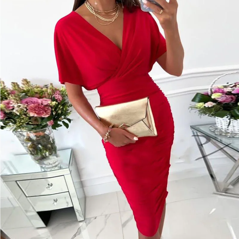 

Women's Short Sleeve Tight Waist Sheath Dress Solid Color V-neck Slim Fit Party Evening Summer Dress Spring Sexy Y2K