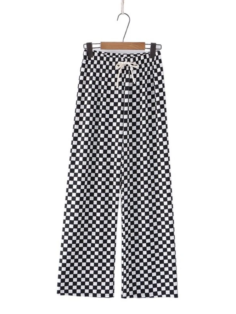 

Black Checkerboard High Waist Full Length Pants Casual Women Pants 2022 Summer Korean Ladies Daily Basic Trousers