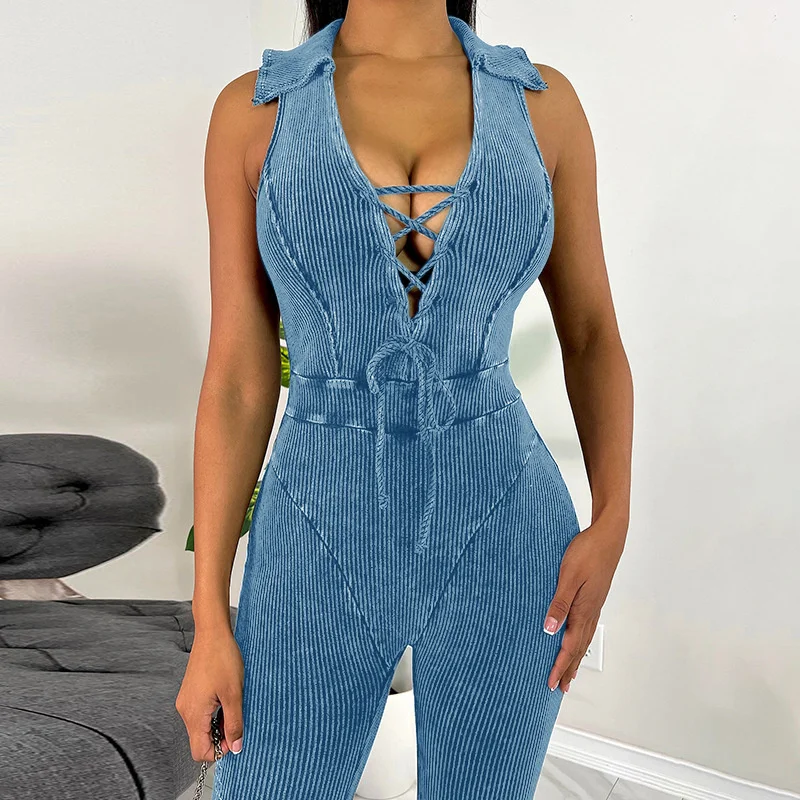 

Zoctuo Lapel Overalls For Women Sexy Bandage Chest Tight Hip Lifting Jumpsuit Bodysuit Casual Sleeveless Women Outfit Clothes