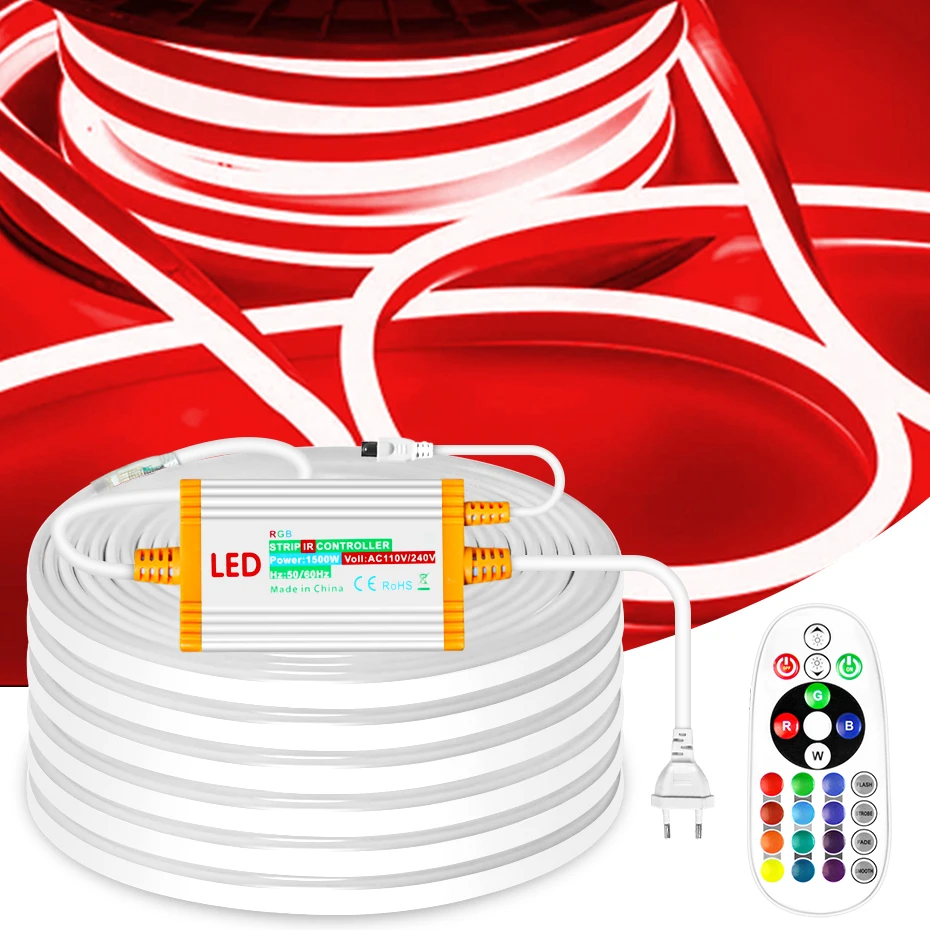 Светодиодная неоновая лента, 50 м, 100 м, 220 В, RGB, силиконовая лента, 5050, IP68, ИК, водонепроницаемый контроллер, 1500 Вт, для наружного украшения сада