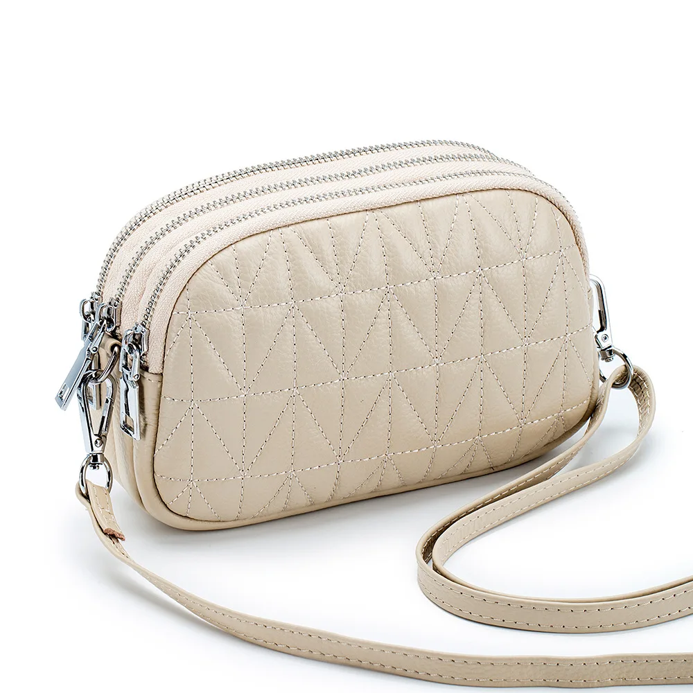 Genuine Cow Leather Diamond Pattern Fashion 3 Zipper Pockets Versatile Lady Single Shoulder Small Items Travel Bag Bills Holder