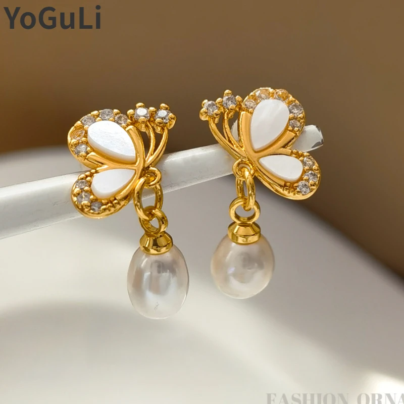 

Trendy Jewelry 925 Silver Needle High Quality Glass Simulated Pearl Drop Butterfly Earrings For Girl Gift Sweet Ear Accessories