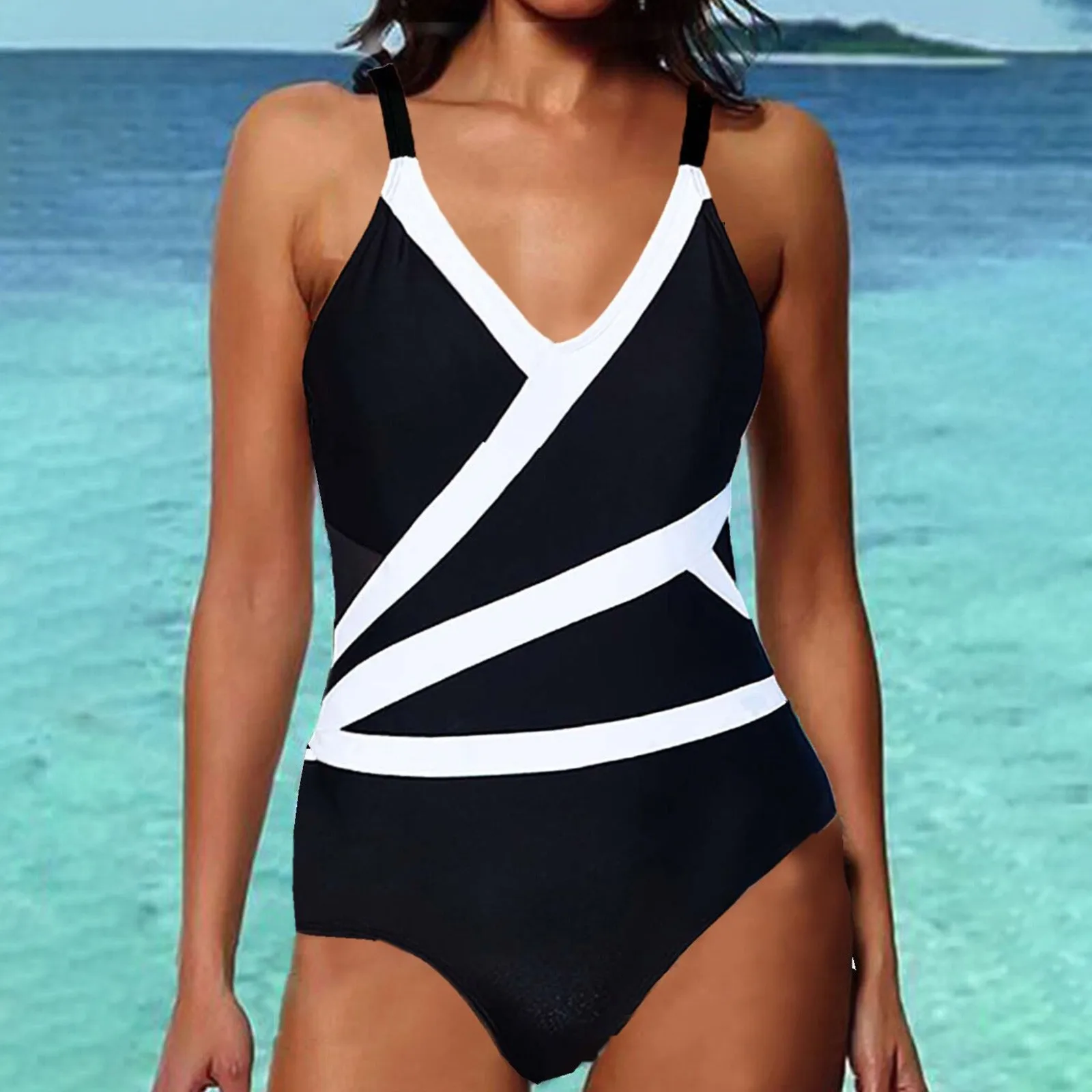 

One Piece Swimsuit Female European And American Sexy Stitching Stripe Backless Sexy Large With Shoulder Strap Bikini Swimsuit