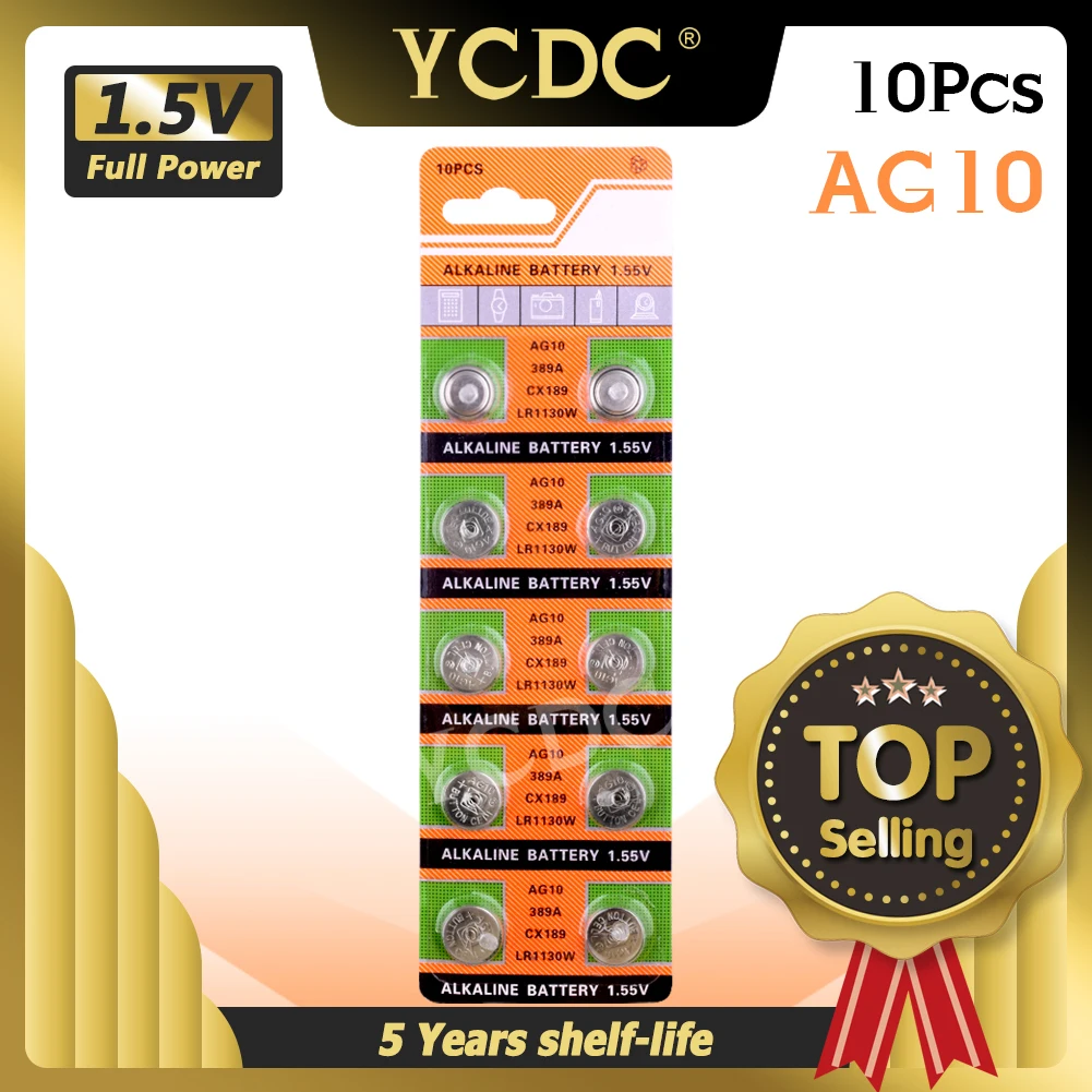 

YCDC 10Pcs AG10 Alkaline Battery For Watch Toys Remote 189 LR54 1.55V SR54 389 189 LR1130 389 SR1130 Button Cell Coin Batteries