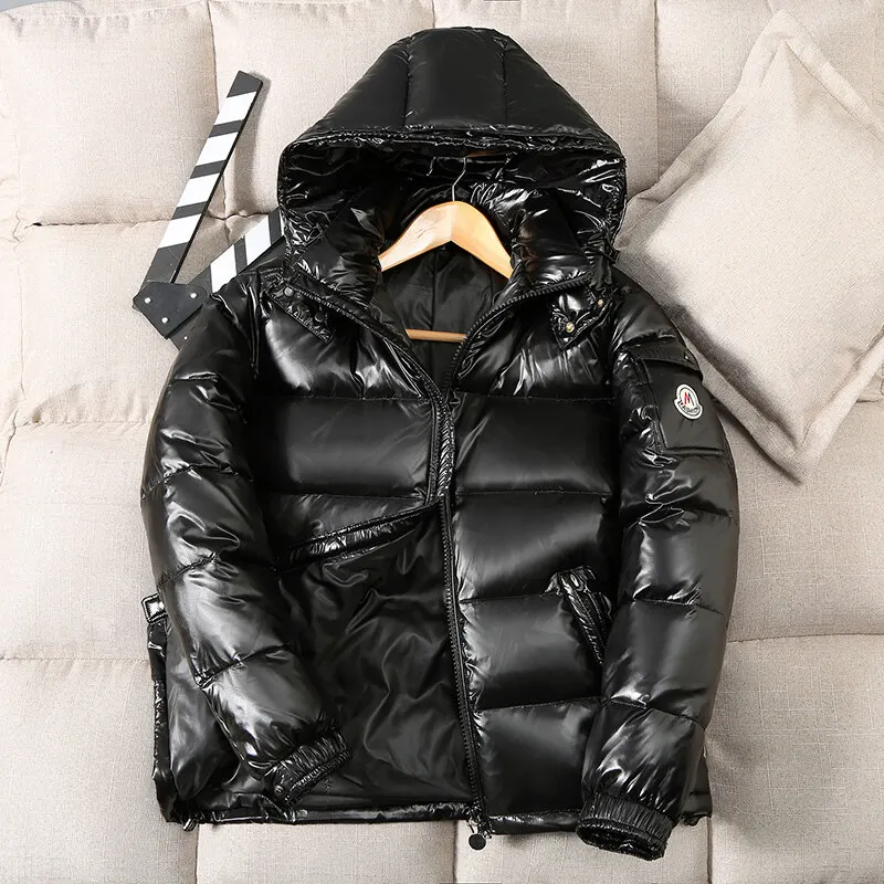 

New Winter Bright Skin Down Jacket Men Fashion Casual Coat Shiny Hooded Youth Women Thick Warm Glossy Duck Zipper Male White