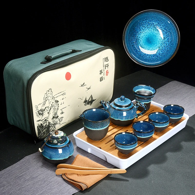 

Китайский чайный набор из синей янтарной глазури керамический Jingdezhen temmoku глазурь изысканный набор кунг-фу чайная чашка портативный чайный ...