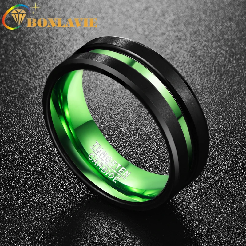 

BONLAVIE Men's Black Matte Finish Tungsten Carbide Ring Green Center Groove Polished Beveled Edges Comfort Fit Size 6-16