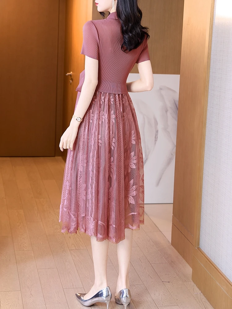 Летнее розовое Сетчатое ажурное платье средней длины в стиле пэчворк летнее