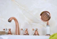 antique red copper brass three levers handles deck mounted 5 holes bathroom tub faucet mixer tap with handshower mtf233