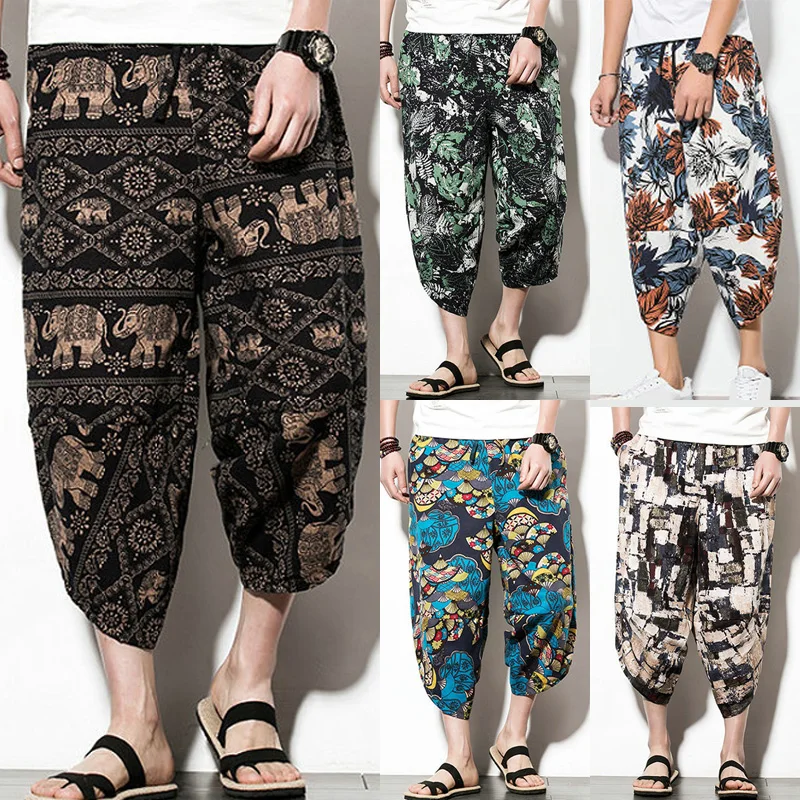 

Multi-pocket Cotton Blended Beach Pants for Men Cool Loosen Up Tie Front Seven-cent Trousers Summer Casual Wide Leg Harem Pants