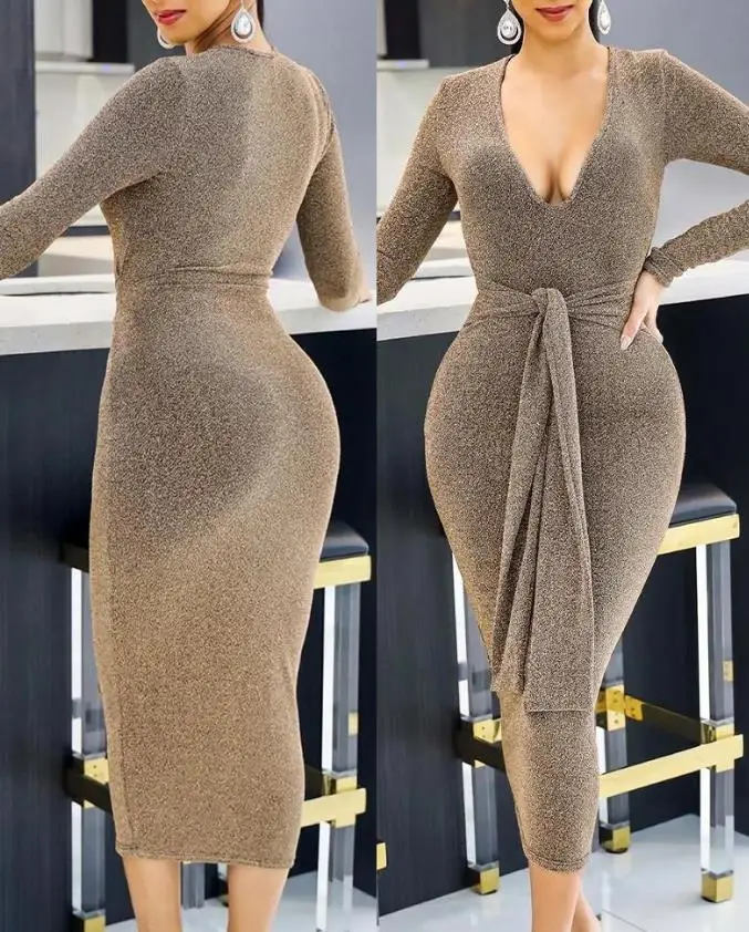 

Women Dresses Long Sleeve Tied Detail Midi Dress Bodycon Sexy Party V-neck Elegant Dresses for Women