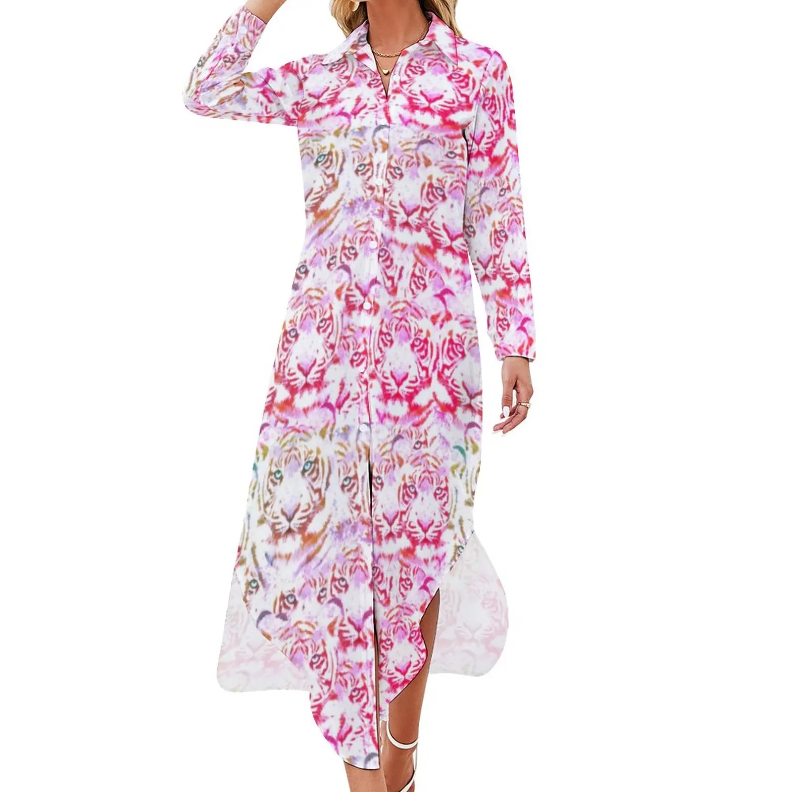 

Pink Tiger Face Casual Dress Abstract Animal Art Street Wear Dresses Sexy V Neck Elegant Chiffon Dress Clothing Big Size 4XL 5XL