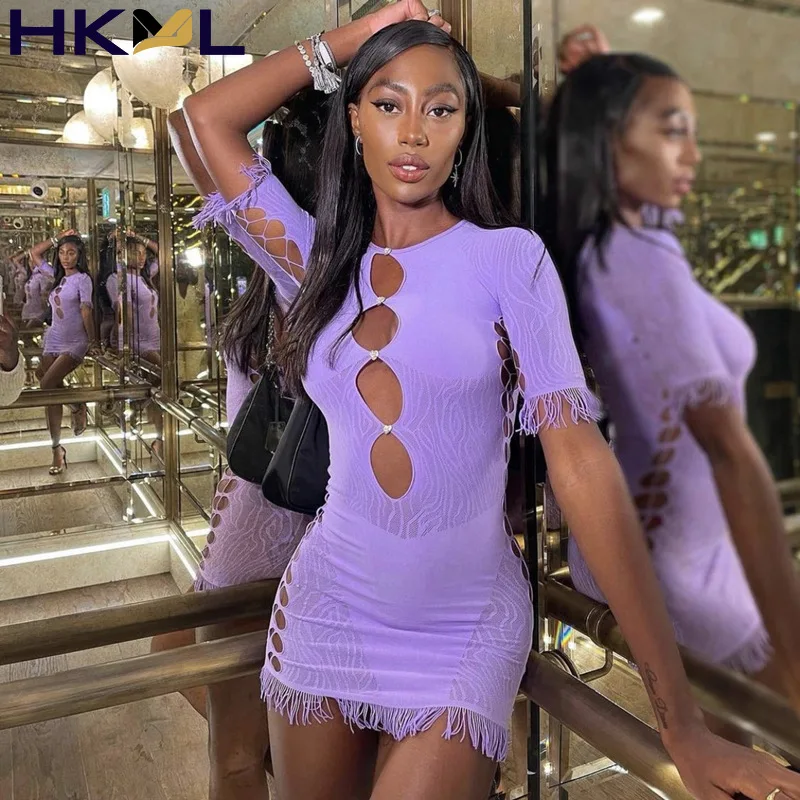 

Women Dress Summer 2022 Bandage Pink Night Club Purple White Tassel Lace Dresses Party Orange Sexy Mini Bodycon Mesh Dress