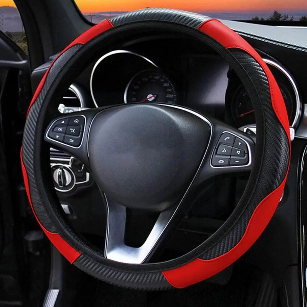 

New Car Steering Wheel Cover Breathable Anti Slip PU Steering Decoration Covers Carbon Auto 37-38cm Fiber Leather Suitable T2G8